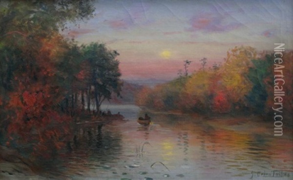 Autumn Lake Scene With Canoe Oil Painting - John Colin Forbes