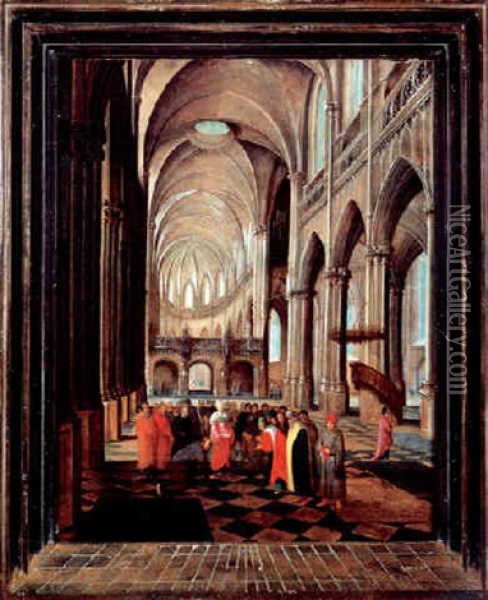 The Interior Of A Gothic Church With Christ And The Woman Taken In Adultery Oil Painting - Paul Juvenel the Elder