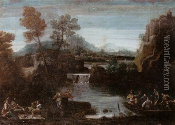 A River Landscape With Elegant Figures Feasting And Playing Music, A Town Beyond Oil Painting - Giovanni Battista Viola
