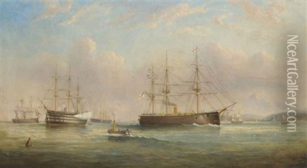Royal Navy Ships Of The Duke Of Wellington Class Lying At Anchor At Spithead, With One Firing A Salute To Acknowledge The Departure Of An Admiral On Board Oil Painting - Tommaso de Simone