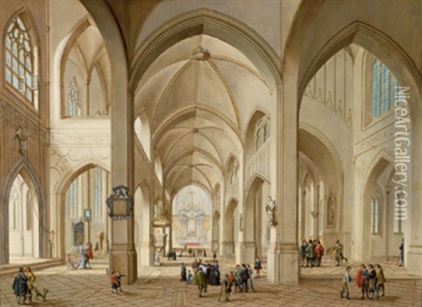 Inneres Einer Gotischen Kirche Mit Vielen Figuren Oil Painting - Johann Friedrich Morgenstern