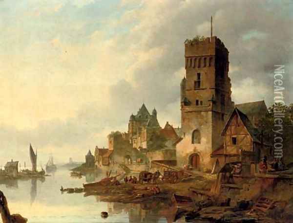 Activities on a quay in a riverside town Oil Painting - Elias Pieter van Bommel