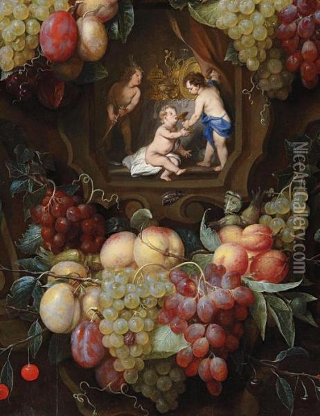 Ornamentkartusche Mitfruchtegirlanden Und Figurenszene Oil Painting - Joris Van Son