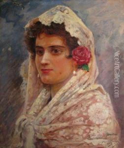 Tete De Jeune Femme Brune A La Mantille Et A La Rose Oil Painting - Maurice Henri Orange
