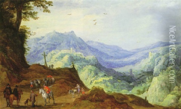 Travellers On A Path In An Extensive Mountainous Landscape Oil Painting - Joos de Momper the Younger