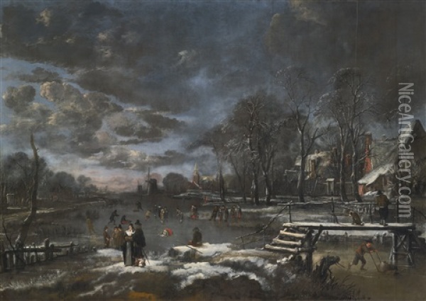 Skaters And Kolf Players On A Frozen River Bordering A Village Oil Painting - Aert van der Neer