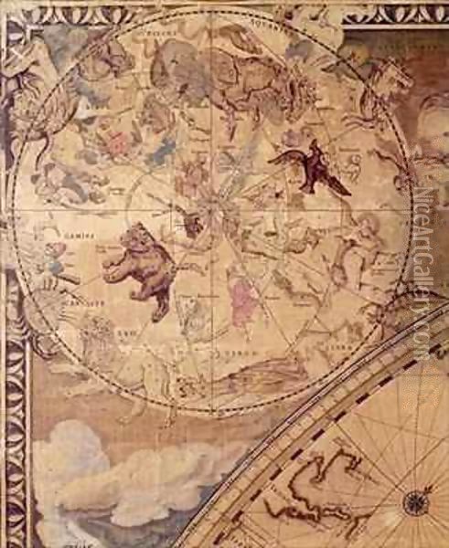Top left section of 'Nova Totius Terrarum Orbis Tabula' (World Map) showing Astrological Signs of the Zodiac Oil Painting - Joan Blaeu