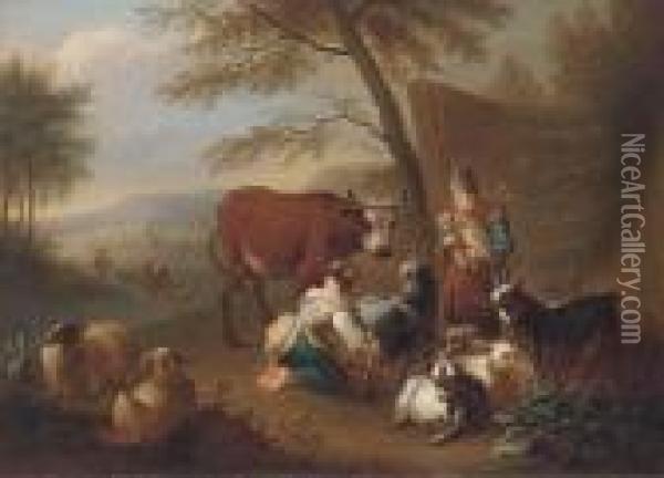 An Italianate Landscape With A 
Shepherdess Milking A Goat, A Manplaying A Doodlesack And A Drover 
Fording A River Beyond Oil Painting - Christian Wilhelm Ernst Dietrich
