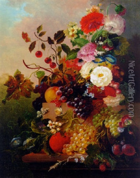 Poppies, Peonies, Roses And Other Flowers With Grapes, Cherries, And Plums On A Marble Ledge Oil Painting - Jan Van Der Waarden