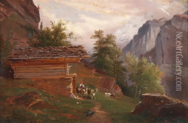Hirtin Mit Ziegen Vor Der Alphutte Oil Painting - Charles Louis Guigon