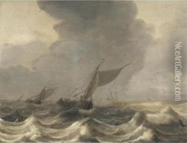 A Seascape With Smalschips In Choppy Waters Oil Painting - Jan Porcellis