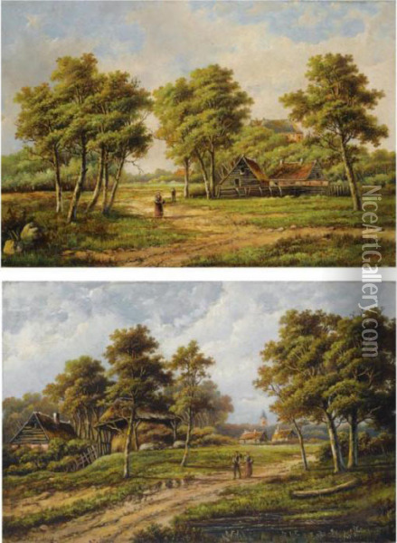 Peasants Near A Farm Stead; Travellers In A Summer Landscape (a Pair) Oil Painting - Hendrik Pieter Koekkoek