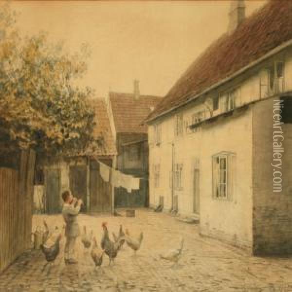 Boy Playing The Flute Among The Chickens In The Backyard Oil Painting - Hans Ole Brasen