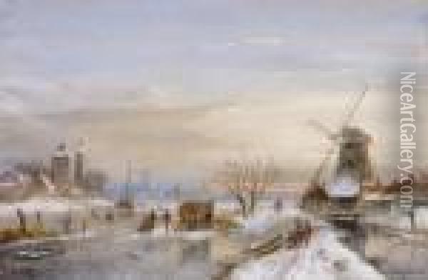 Winter Landscape With Ice Skaters Oil Painting - Charles Henri Leickert