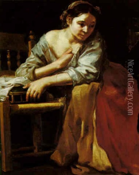 A Seated Young Woman Holding A Box Oil Painting - Bernhard Keil