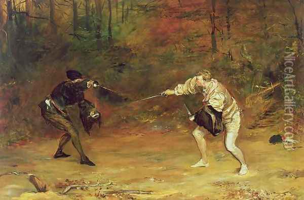 To the Death A Sword and Dagger Fight with one Hand Beats Cold Death Aside, and with the other Sends it Back Oil Painting - John Pettie