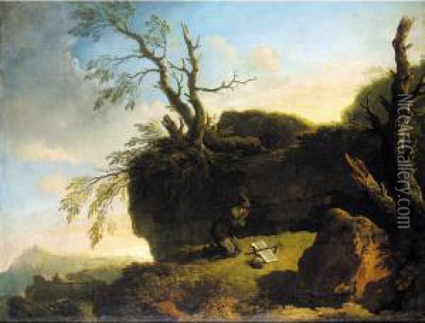 A Praying Hermit In A Landscape Oil Painting - Carlo Bonavia