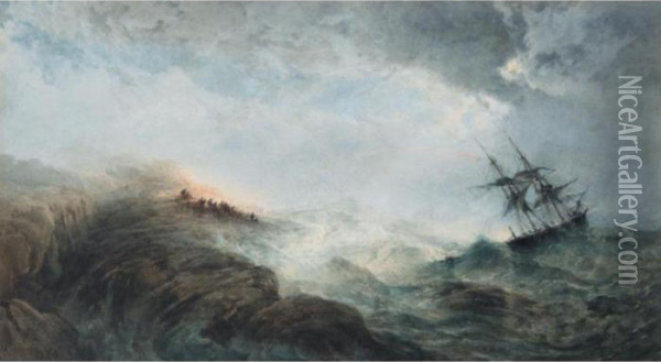 A Ship In Distress, With Figures On The Shore Firing A Rocket Oil Painting - Edward Duncan