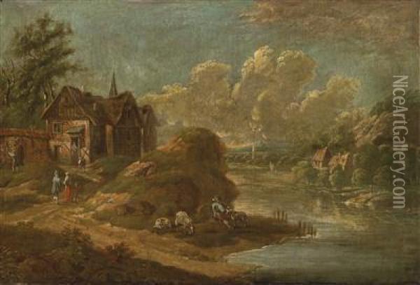 Wooded River Landscape With Farmhouses Andfigures Oil Painting - Antonio Marini