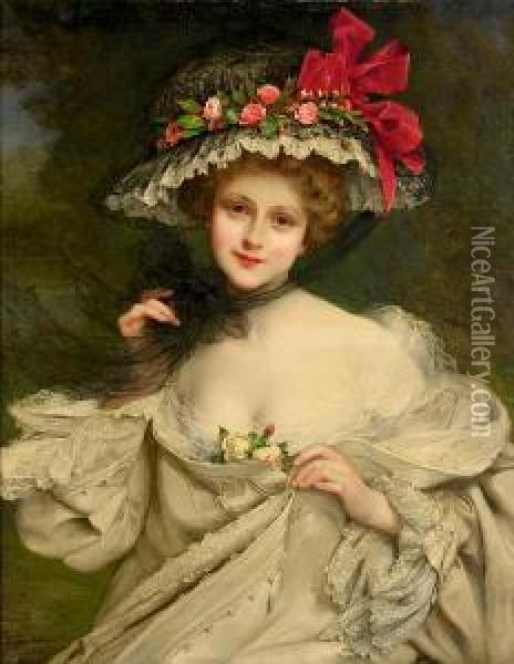 A Beauty With A Red-ribboned Hat Oil Painting - Francois Martin-Kavel