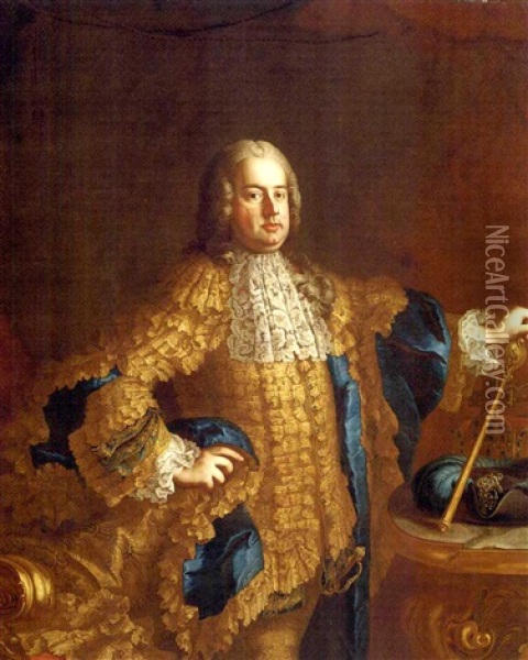 Portrait Of The Emperor Francis I In A Gold-embroidered Suit, His Sceptre In His Left Hand Balanced On A Table With The Crown Beside Him Oil Painting - Martin van Meytens the Younger