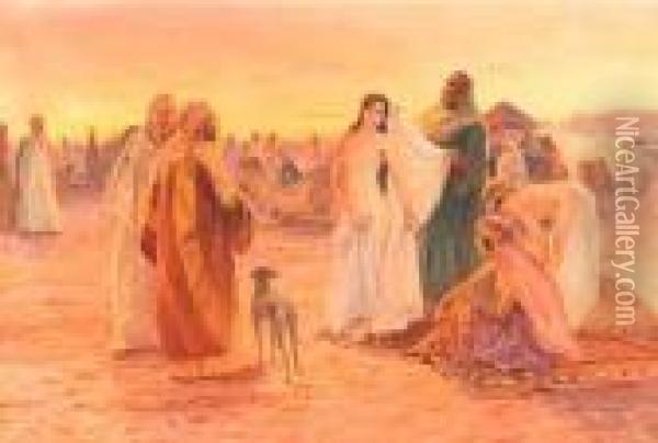 Slave Market In The Desert. Oil Painting - Otto Pilny