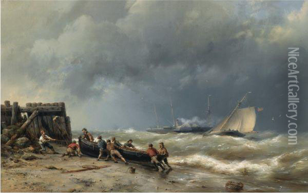Pulling The Boat Ashore Oil Painting - Hermanus Koekkoek