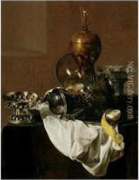 A Still Life Of Silverware, An 
Overturned Roemer, A Peeled Lemon On A Plate, A Blue-and-white Porcelain
 Bowl And An Ormolu Vase, All On A Table Draped With A White Cloth Oil Painting - Jan Jansz. Treck