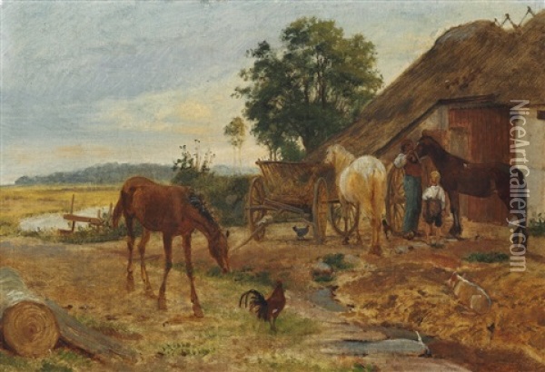 Farm Scene With An Anxious Foal Approaching A Cock Oil Painting - Johan Thomas Lundbye