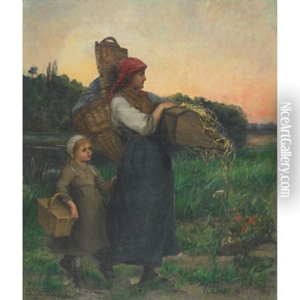 Mother And Young Girl Returning From Market Oil Painting - Pauline Elise Leonide Bourges