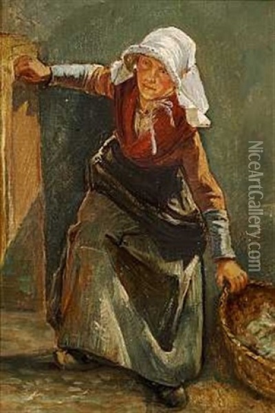 En Fiskerkone Slaeber En Kurv Oil Painting - Edvard Frederik Petersen