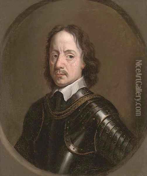 Portrait of Oliver Cromwell (1599-1658), bust-length, in armour, feigned oval Oil Painting - Robert Walker