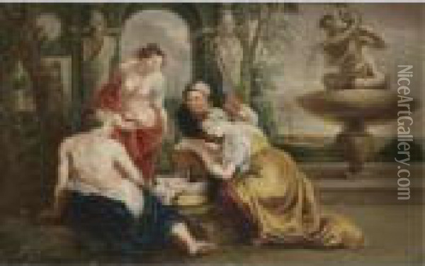 The Daughters Of Cecrops Discovering The Infant Erichtonius Oil Painting - Peter Paul Rubens