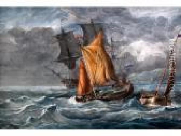 Fishing Boats And Man O'war Off Shore In Heavy Seas Oil Painting - Thomas Luny