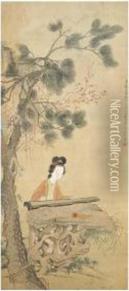 Lady Playing Qin Oil Painting - Gai Qi