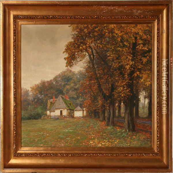 Autumn Forest Scene Fromlovenborg, Denmark Oil Painting - Hans Mathias Dall