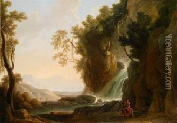 Sudlichelandschaft Mit Einem Wasserfall Und Dem Heiligen Hieronymus Oil Painting - Heinrich Wust
