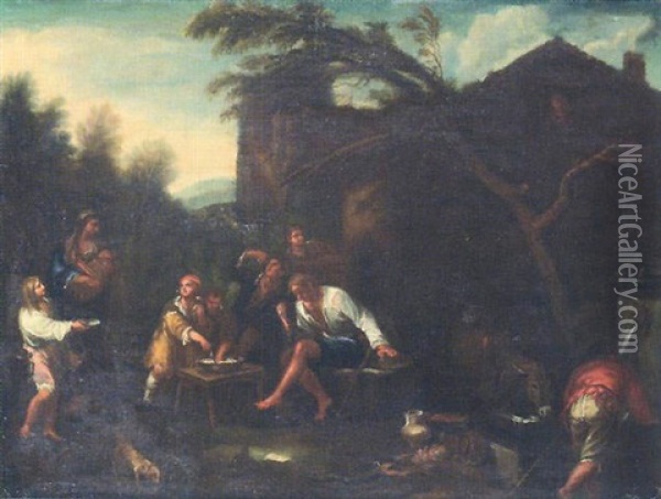 Peasants Eating Outside A Homested Oil Painting - Dirk Helmbreker