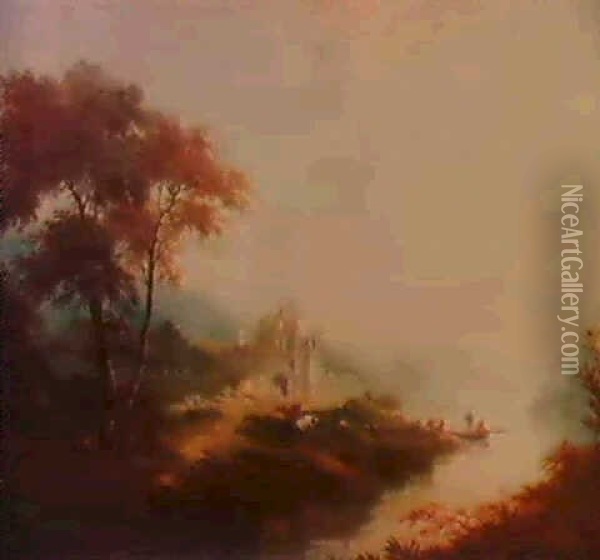 Romantic Pastorale With Castle Ruin, Fishing Boat           Leaving Shore. Oil Painting - James Baker Pyne