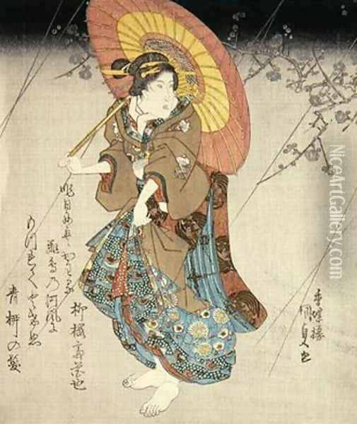 Iwai Kumesaburo II in the role of a lover Oil Painting - Utagawa Kunisada