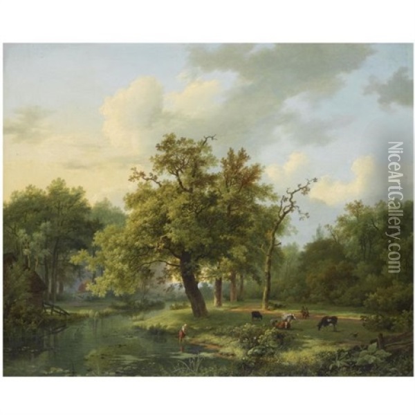A Dutch Summer Landscape Oil Painting - Marinus Adrianus Koekkoek