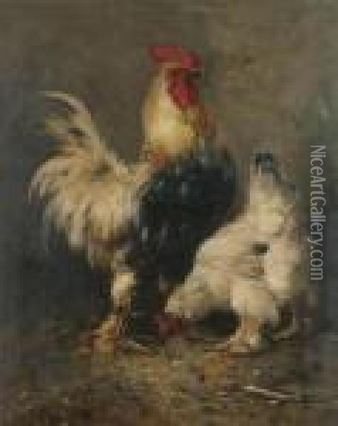 Cock And Chicken Oil Painting - Henry Schouten