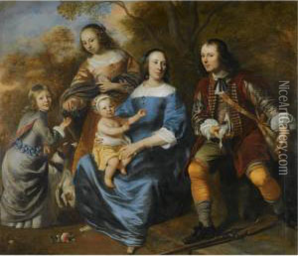 Portrait Of A Family; All Full Length, A Mother Sitting, Dressed Inblue, With Three Young Children And A Young Man With A Gun,possibly Her Husband, In A Landscape Oil Painting - Jacob van Loo