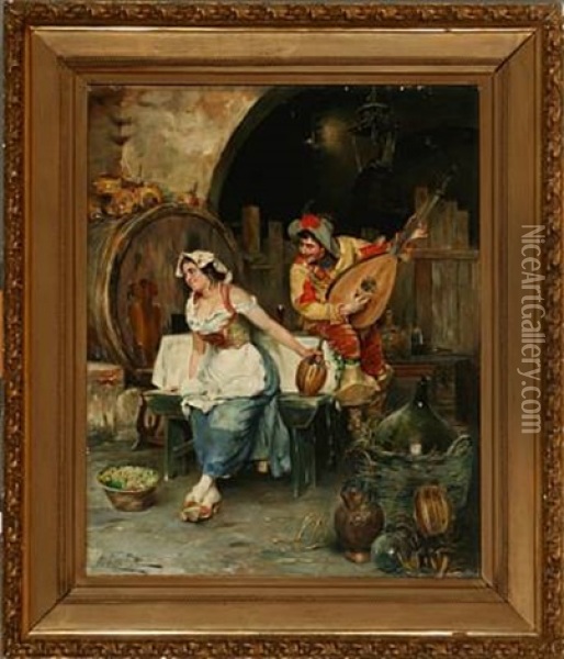 Inn Interior With A Man Flirting With A Woman Oil Painting - Alphonse Roman