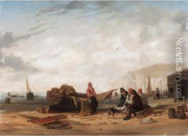 Fishermen By Their Boats At Low Tide Oil Painting - Alfred Stannard