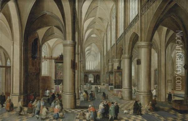 Interior Of A Gothic Cathedral With Figures Oil Painting - Pieter Neefs The Elder, Frans The Younger Francken