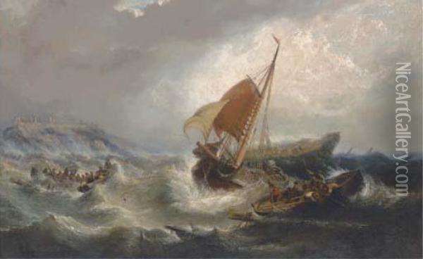 Salvaging The Wreck Below Dunstanburgh Castle Oil Painting - James Webb