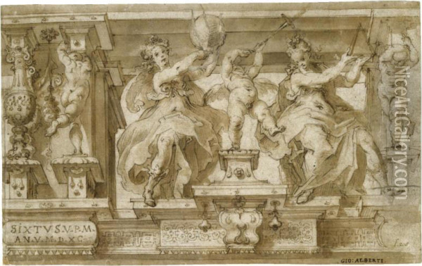 Design For A Decorative Frieze With Allegorical Figures Of Geometry And Astronomy Oil Painting - Giovanni Alberti