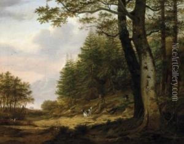 Hunter In The Forest. Signed And Dated Bottom Right: J.c.w. Safft 1824 Oil Painting - Johan Christiaan W. Safft