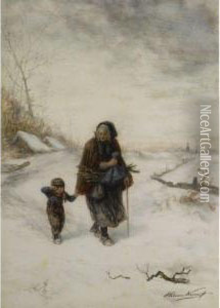 A Walk In The Snow Oil Painting - Elchanon Verveer